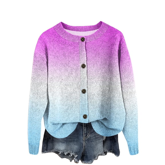 WTOBBY Women's Vintage Knit Button Gradient Print Cardigan Jacket, Retro-Inspired Sweater with Faded Pattern for Unique and Stylish Looks,Purple M