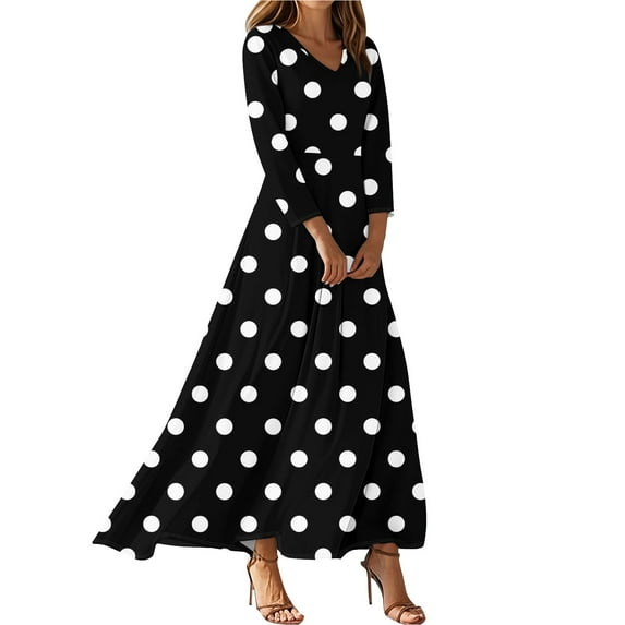 WTOBBY Women's Vintage Polka Dot Print V-Neck 3/4 Sleeve A-Line Beach Dress, Waisted Midi Sundress with Casual Flowy Skirt for Seaside Outings,Black 2XL