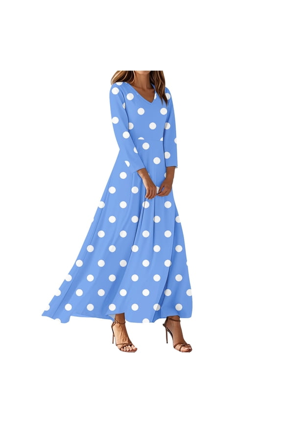 Women's Vintage Polka Dot Print V-Neck 3/4 Sleeve A-Line Beach Dress, Waisted Midi Sundress with Casual Flowy Skirt for Seaside Outings,Sky Blue S