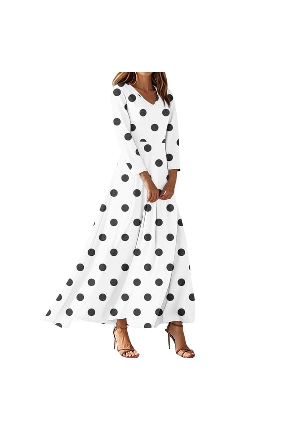 Women's Vintage Polka Dot Print V-Neck 3/4 Sleeve A-Line Beach Dress, Waisted Midi Sundress with Casual Flowy Skirt for Seaside Outings,White M