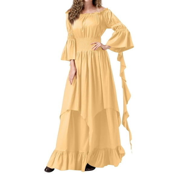 WTOBBY Women's Vintage Solid Color Lace Collar 3/4 Sleeve Dress, Retro Inspired Cosplay Costume with Elegant Neckline Detailing,Yellow M