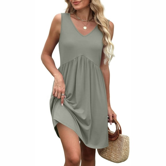 WTOBBY Women's Vintage Solid Color Splicing Casual Dress V-Neck Sleeveless Beach Style Dress with Back Detail for Evening Beach Walks,GrayM