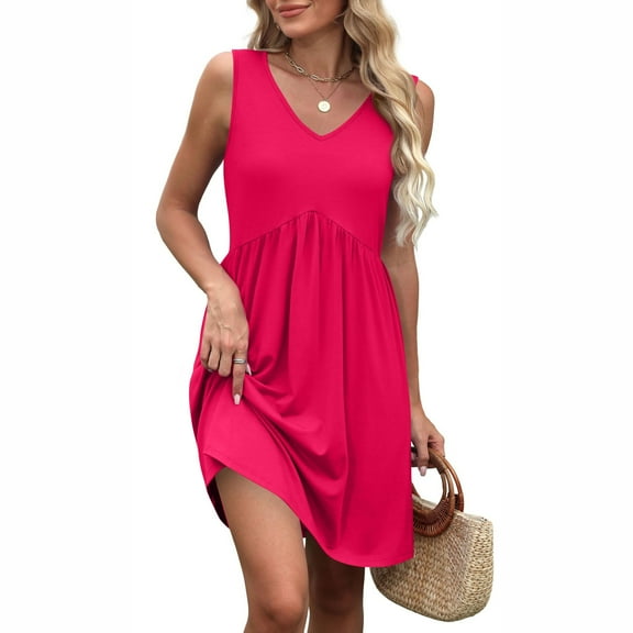 WTOBBY Women's Vintage Solid Color Splicing Casual Dress V-Neck Sleeveless Beach Style Dress with Back Detail for Evening Beach Walks,Hot PinkS