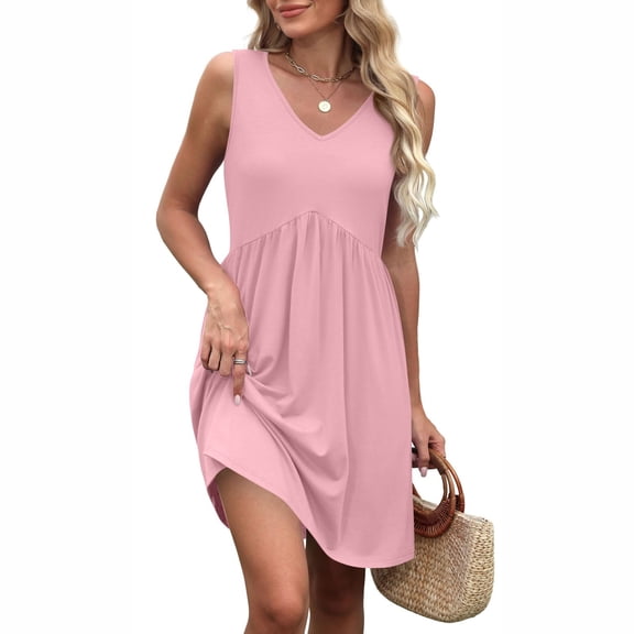WTOBBY Women's Vintage Solid Color Splicing Casual Dress V-Neck Sleeveless Beach Style Dress with Back Detail for Evening Beach Walks,PinkL