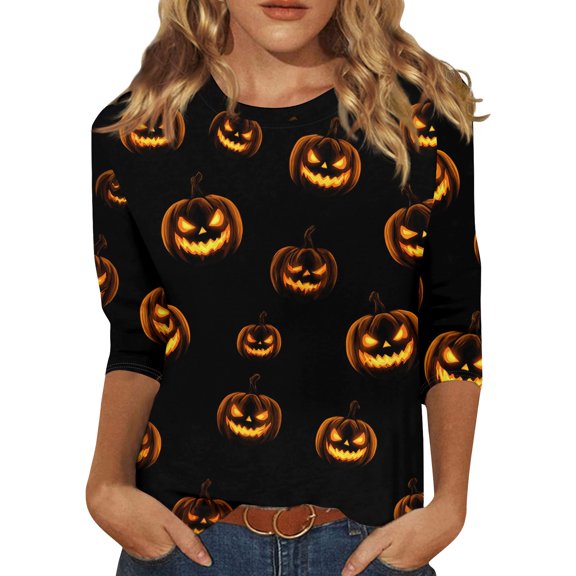 WTOBBY Women's Vintage Style Round Neck 3/4 Sleeve Halloween Print Casual T-Shirt Top Loose Fit Blouse for Fall Fashion Everyday Outfits,Dark Gray M