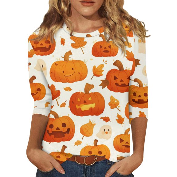WTOBBY Women's Vintage Style Round Neck 3/4 Sleeve Halloween Print Casual T-Shirt Top Loose Fit Blouse for Fall Fashion Everyday Outfits,White M