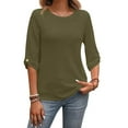 thumbnail image 1 of WTOBBY Women's Waffle Knit Round Neck 3/4 Sleeve Solid Color Casual Top for Spring Fall Season Comfortable Everyday Wear and Layering,Army Green L, 1 of 8