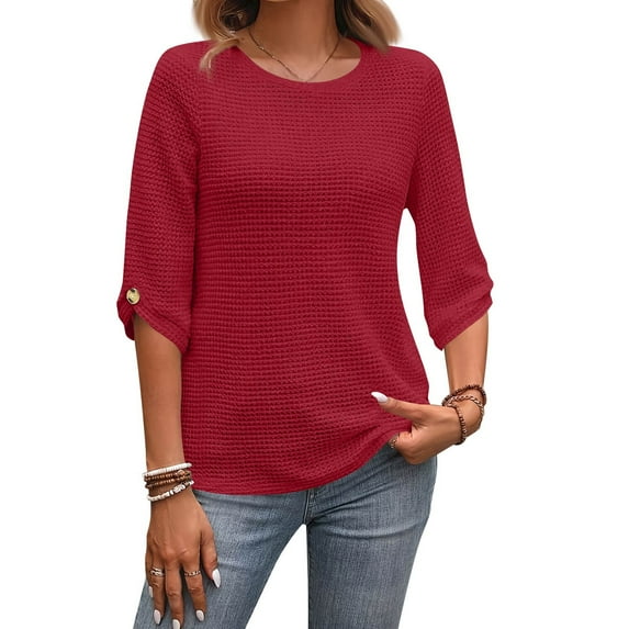 WTOBBY Women's Waffle Knit Round Neck 3/4 Sleeve Solid Color Casual Top for Spring Fall Season Comfortable Everyday Wear and Layering,Red 2XL