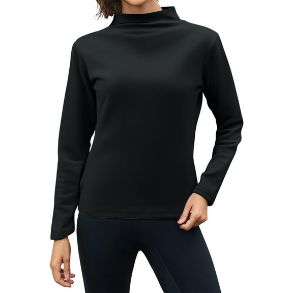 WTOBBY Women's Warm Fleece Base Shirt with Seamless Design, Thick Inner Layer for Insulation, Half High Neck Long Sleeve Top, Perfect for Cold Weather and Layering,Black L
