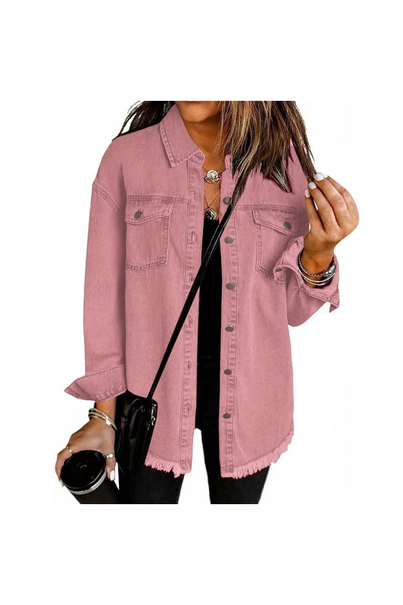 Women's Washed Denim Shirt Jacket, Frayed Hem Solid Color Outerwear, Long Sleeve Casual Overshirt, Lightweight Street Style, Comfortable Loose Fit,Pink 2XL