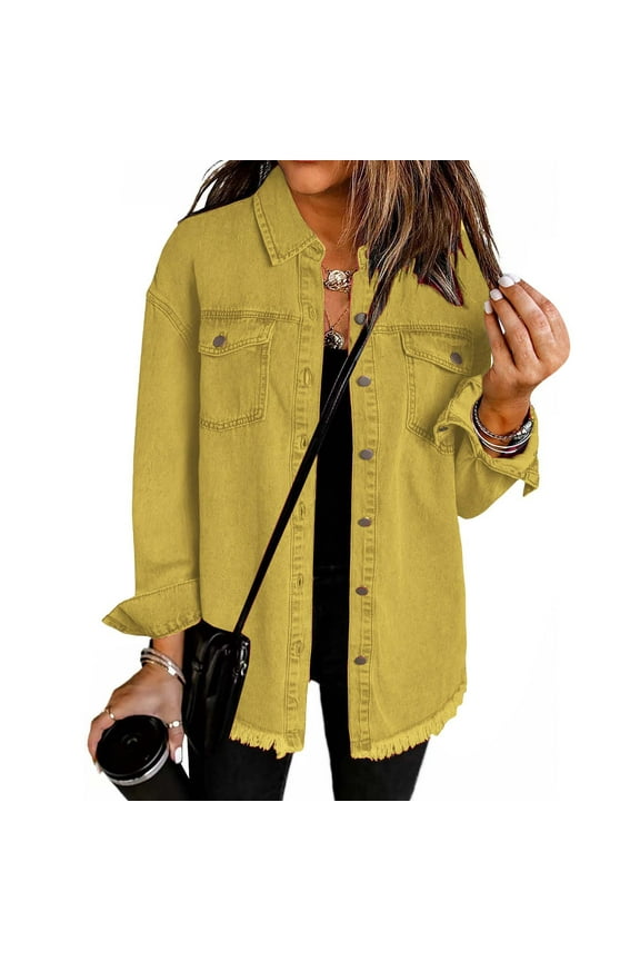 Women's Washed Denim Shirt Jacket, Frayed Hem Solid Color Outerwear, Long Sleeve Casual Overshirt, Lightweight Street Style, Comfortable Loose Fit,Ginger 2XL