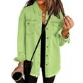 thumbnail image 1 of WTOBBY Women's Washed Denim Shirt Jacket, Frayed Hem Solid Color Outerwear, Long Sleeve Casual Overshirt, Lightweight Street Style, Comfortable Loose Fit,Light Green L, 1 of 4
