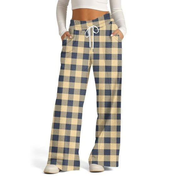 WTOBBY Women's Wide Leg Casual Pants High Waist Plaid Sports Trousers, Comfortable Stretch Athletic Pants for Jogging and Lounge Wear,Bronze L