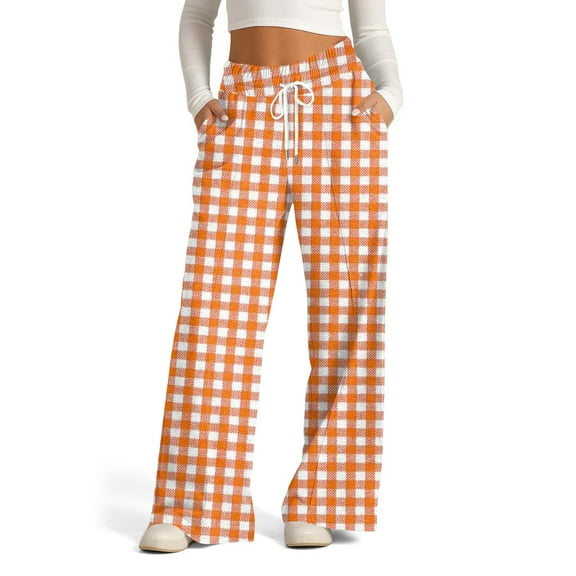 WTOBBY Women's Wide Leg Casual Pants High Waist Plaid Sports Trousers, Comfortable Stretch Athletic Pants for Jogging and Lounge Wear,Orange XL