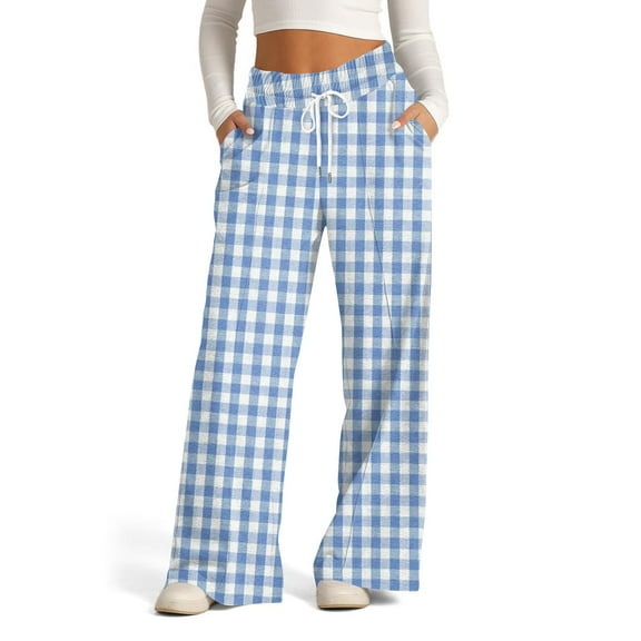 WTOBBY Women's Wide Leg Casual Pants High Waist Plaid Sports Trousers, Comfortable Stretch Athletic Pants for Jogging and Lounge Wear,Sky Blue L