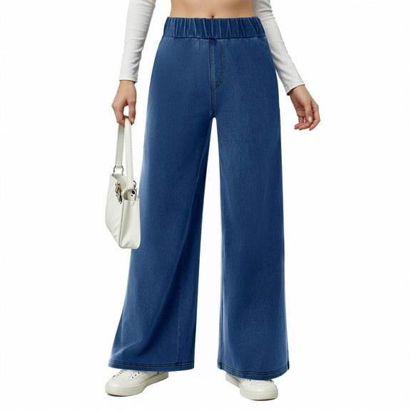 WTOBBY Women's Wide Leg Stretch Jeans, Mid Rise Elastic Waist Baggy Denim Pants with Pockets for a Casual Trendy Look, Comfortable Loose Fit Trousers,Blue XL