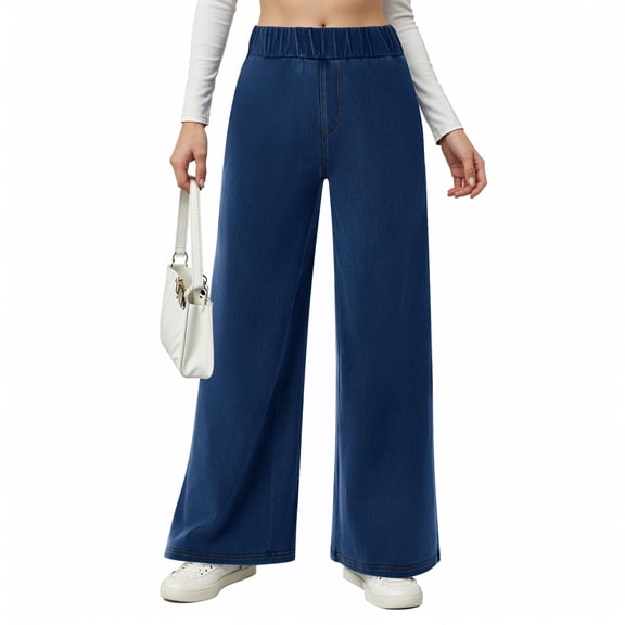 WTOBBY Women's Wide Leg Stretch Jeans, Mid Rise Elastic Waist Baggy Denim Pants with Pockets for a Casual Trendy Look, Comfortable Loose Fit Trousers,Dark Blue XL