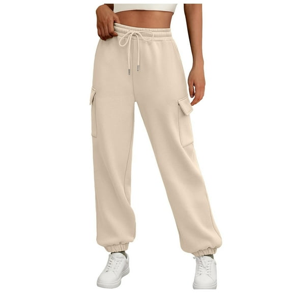 WTOBBY Women's Wide Leg Sweatpants Casual High Waist Baggy Boyfriend Jogger Pants with Pockets for Spring Fall,Beige M