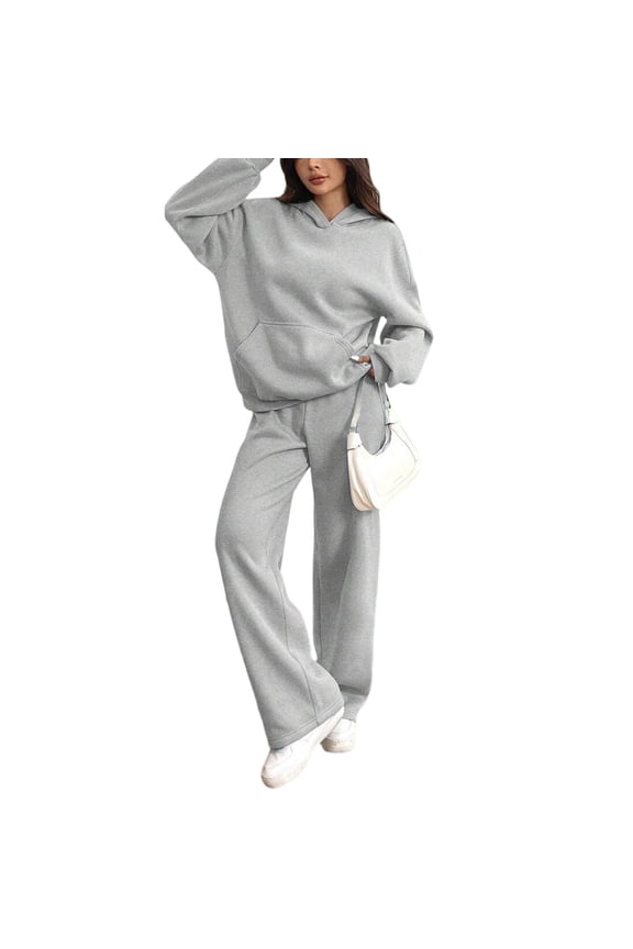 Women's Winter Sports Suit, Warm Hoodie and Casual Pants Two-Piece Set, Thick Fleece Outfit for Cold Weather, Comfortable Athletic Wear for Gym Outdoor Activities,Gray L