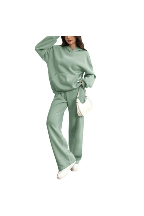 Women's Winter Sports Suit, Warm Hoodie and Casual Pants Two-Piece Set, Thick Fleece Outfit for Cold Weather, Comfortable Athletic Wear for Gym Outdoor Activities,Army Green L