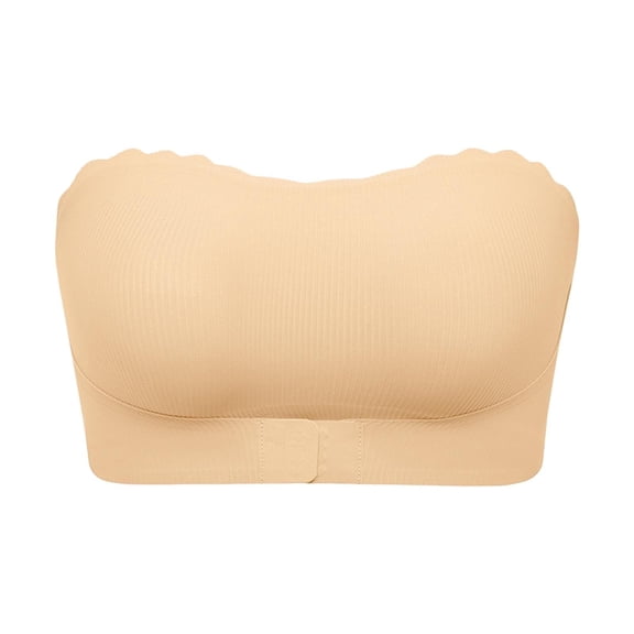 WTOBBY Women's Wireless Front Closure Strapless Bra with Push-Up Design, Bandeau Style for Comfort, Seamless Look under Clothing, Ideal for Off-Shoulder Tops,Beige 32