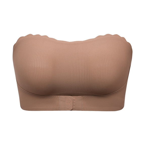 WTOBBY Women's Wireless Front Closure Strapless Bra with Push-Up Design, Bandeau Style for Comfort, Seamless Look under Clothing, Ideal for Off-Shoulder Tops,Light Brown 32
