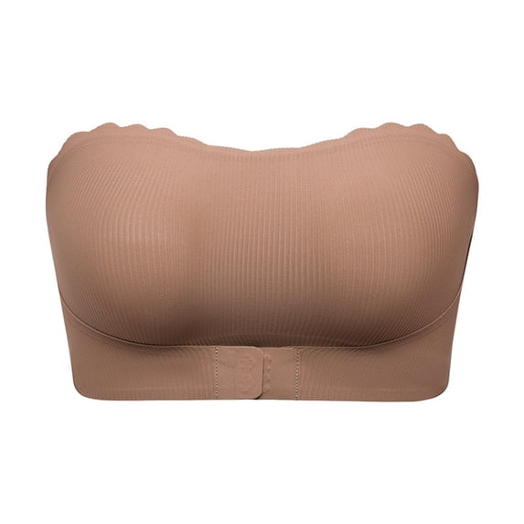 WTOBBY Women's Wireless Front Closure Strapless Bra with Push-Up Design, Bandeau Style for Comfort, Seamless Look under Clothing, Ideal for Off-Shoulder Tops,Light Brown 34
