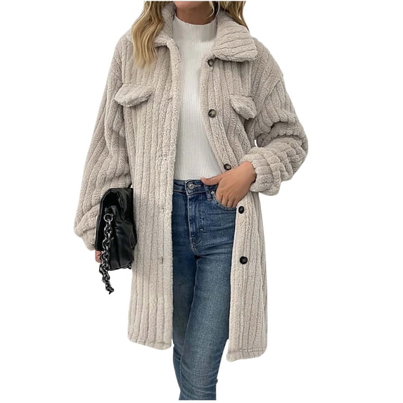 WTOBBY Women's Wool Blend Coat with Lapel Collar, Solid Color Long Sleeve Trench Style, Fashion Warm Overcoat, Classic Fall and Winter Outerwear, Elegant and Comfortable,Beige XL