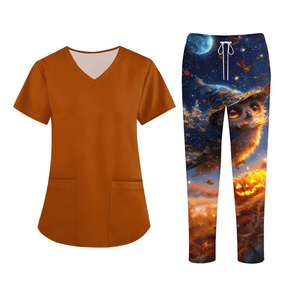 WTOBBY Women's Work Uniform Suit Short Sleeve Top and Pants Two Piece Set, Halloween Print Nurse Costume for Professional Roleplay Fun,Saffron L