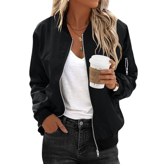 WTOBBY Women's Zipper Pocket Jacket Long Sleeve Solid Color Lightweight Outerwear Casual Loose Fit Comfortable Street Style with Front Pockets for Spring Fall Daily Wear,Black S