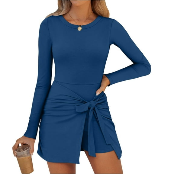 WTOBBY Women's long-sleeved fashionable casual dress - Comfortable and Stylish Dress for Everyday Wear, with a Versatile Look for Various Occasions,Gray M