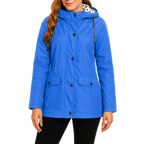 WTOBBY Womens Raincoats With Hood Lightweight Outdoor Hooded Waterproof Windbreaker Solid Trench Coat Jacket Plus Size, Ideal for Sports and Fashion,Blue S