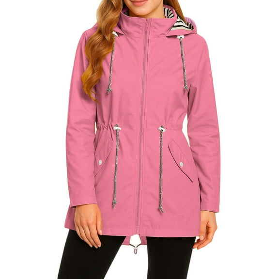 WTOBBY Womens Raincoats With Hood Lightweight Outdoor Hooded Waterproof Windbreaker Solid Trench Coat Jacket Plus Size, Fashionable for Sports,Pink L