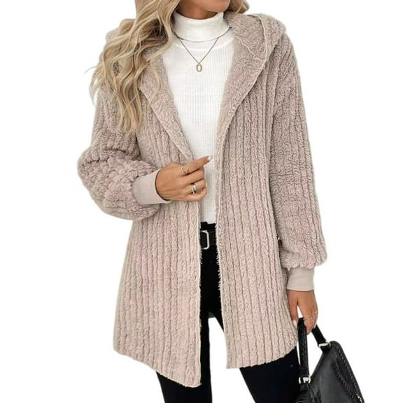 WTOBBY Womens Winter Coats Warm Plush Jackets Open Front Long Sleeve Cardigan Trendy Fuzzy Outerwear, Soft Lounge Coat with Front Pockets for Cold Weather,Khaki L
