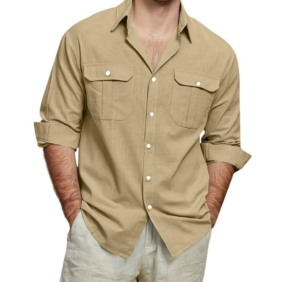 WTOBBYMen's Cotton Linen Blend Long Sleeve Shirt, Solid Color Breathable Button Down with Two Pockets for Daily Casual Wear & Travel Essentials,Khaki XL