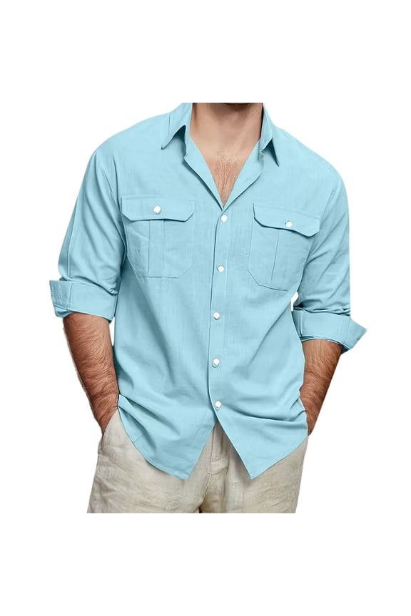 Men's Cotton Linen Blend Long Sleeve Shirt, Solid Color Breathable Button Down with Two Pockets for Daily Casual Wear & Travel Essentials,Sky Blue 2XL