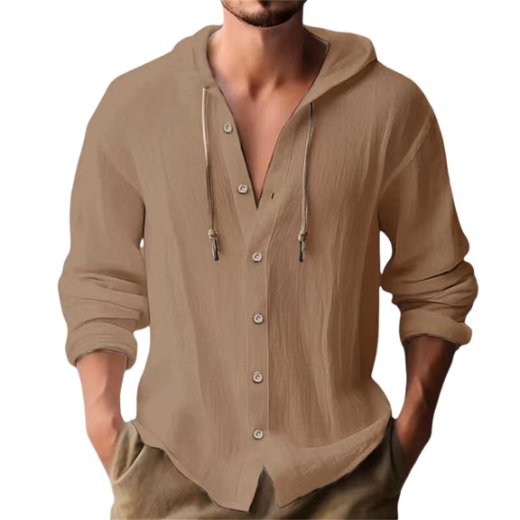 WTOBBYMen's Cotton Linen Hooded Button Up Shirt, Breathable Loose Fit Long Sleeve Casual Top for Sports Beach Outings & Summer Street Fashion,Brown L