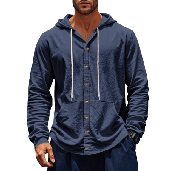 WTOBBYMen's Linen Hooded Drawstring Cover Up Shirt, UPF Sun Protection Long Sleeve for Beach Fishing Sports & Casual Outdoor Activities with Loose Fit Design,Navy 2XL