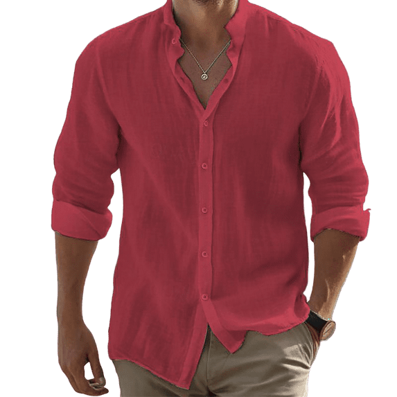 WTOBBYMen's Pure Cotton Linen Long Sleeve Bowling Shirt Vintage Design, Button Down Collar Casual Beach Top for Summer Vacation & Retro Styling,Red XL