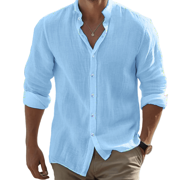 WTOBBYMen's Pure Cotton Linen Long Sleeve Bowling Shirt Vintage Design, Button Down Collar Casual Beach Top for Summer Vacation & Retro Styling,Sky Blue 3XL