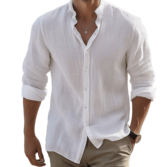 WTOBBYMen's Pure Cotton Linen Long Sleeve Bowling Shirt Vintage Design, Button Down Collar Casual Beach Top for Summer Vacation & Retro Styling,White 2XL