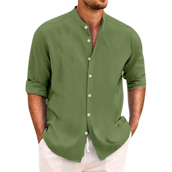 WTOBBYMen's Solid Color Beach Casual Shirt Long Sleeve Pullover Style, Breathable Button Down Cover Up with Relaxed Fit for Summer Resort Wear,Army Green M