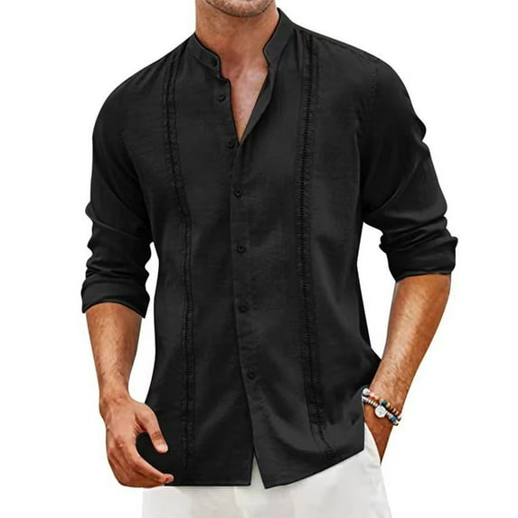 WTOBBYMen's Solid Color Casual Cardigan Button-up Collar Long-sleeved Shirt，Solid Color Long Sleeve Button Down with Fashionable Accents for Night Out & Special Events,Black L