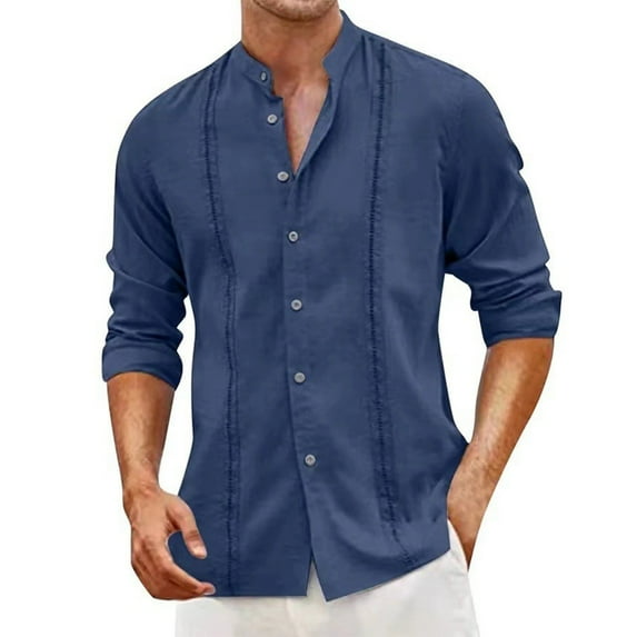 WTOBBYMen's Solid Color Casual Cardigan Button-up Collar Long-sleeved Shirt，Solid Color Long Sleeve Button Down with Fashionable Accents for Night Out & Special Events,Dark Blue 2XL