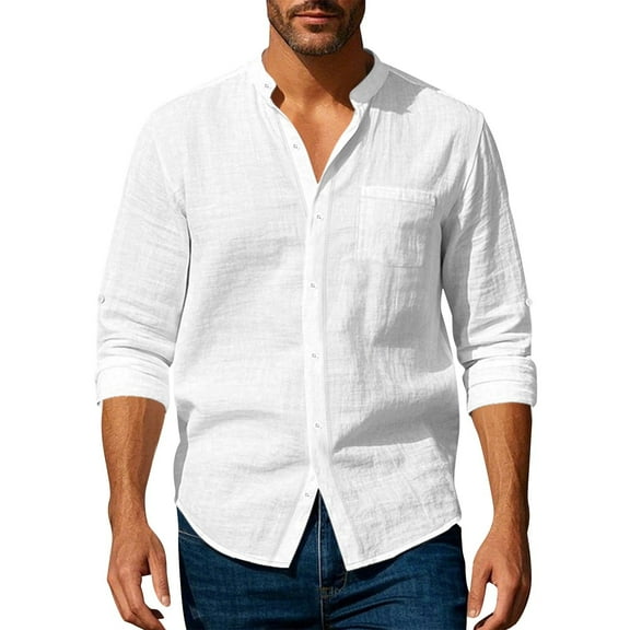 WTOBBYMen's Spring Fall Transitional Linen Button Down Shirt with Chest Pocket, Long Sleeve Breathable Fabric for Casual Outings & Season Comfort Wear,White 3XL