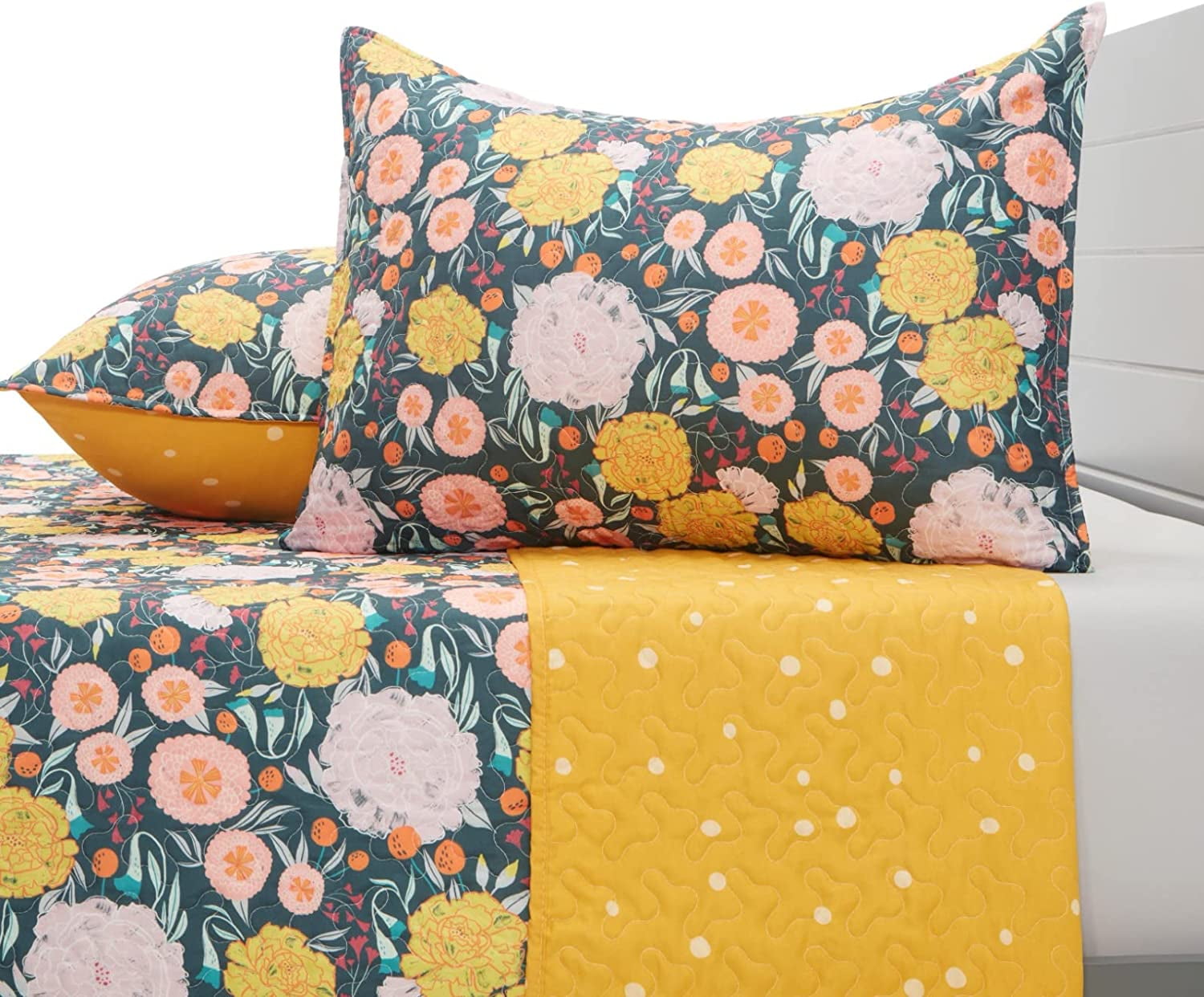 WTPDR Floral Quilt Bedding Set Twin Size Complete Dark Floral Quilt Bedspread with 2