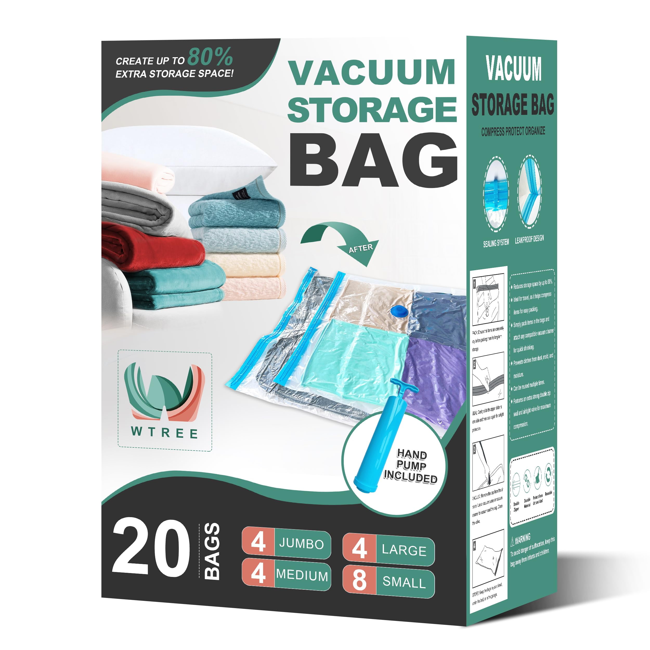 WTREE 20 Pack Vacuum Storage Bags Space Saver Bags Vacuum Sealed Bags for Comforters Blankets Clothes Storage Hand Pump Included 4 Jumbo 4 Large 4 Medium 8 Small C31 Walmart