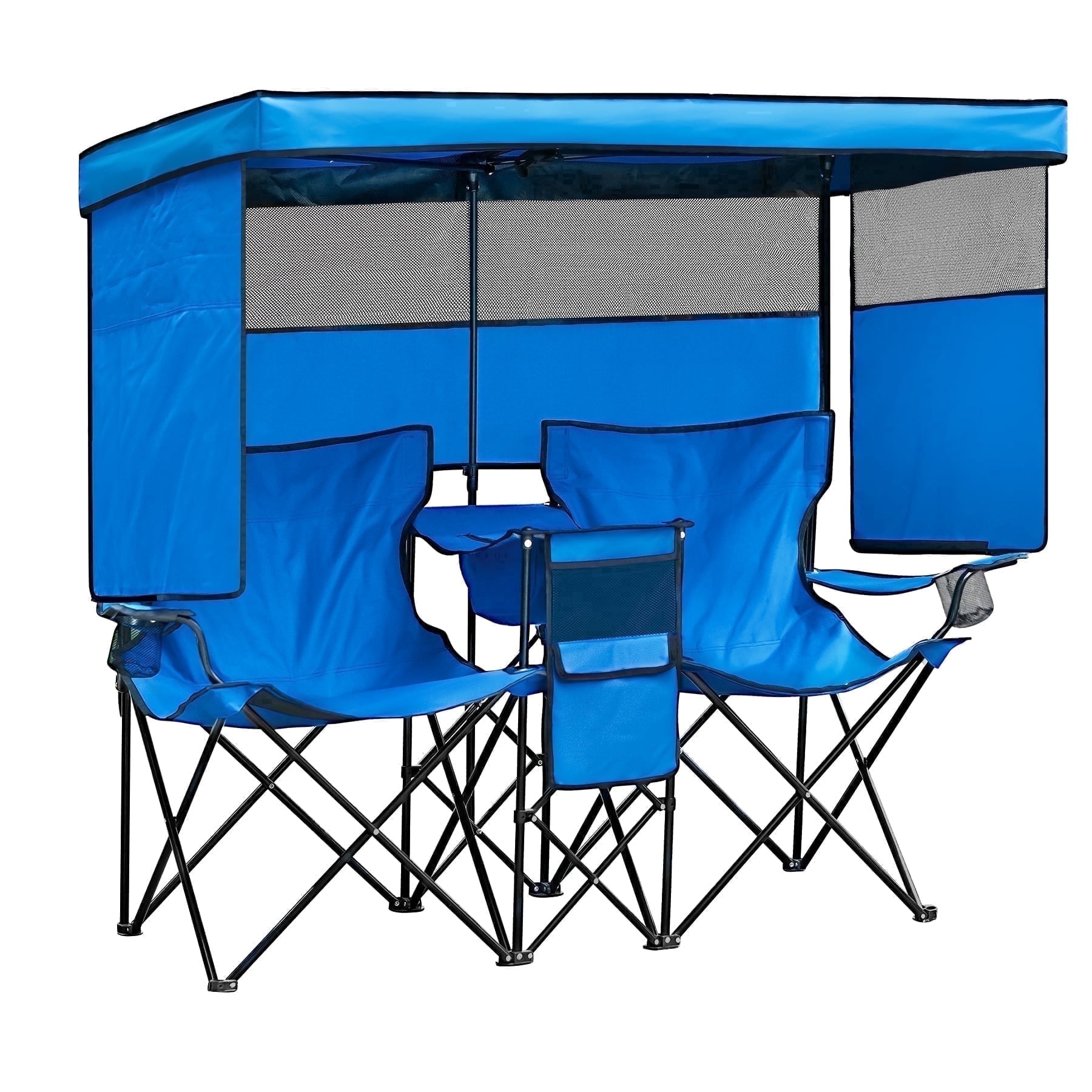 WTVIDAS Double Beach Chair with Canopy Shade Oversized Camping Chairs with Cup Holder Cooler Bag Folding Loveseat Chairs for Camping Beach Lawn
