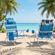 WTVIDAS Beach Chair 2 Pack, 5 Positions Textilene Folding Reclining Beach Chair with Backpack Straps, Cooler Bag & Cup Holder for Outdoor Lawn Camping