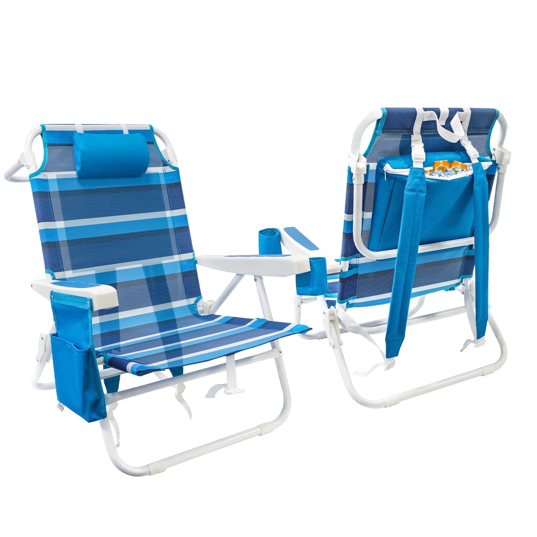 WTVIDAS Beach Chair 2 Pack, 5 Positions Textilene Folding Reclining Beach Chair with Backpack Straps, Cooler Bag & Cup Holder for Outdoor Lawn Camping